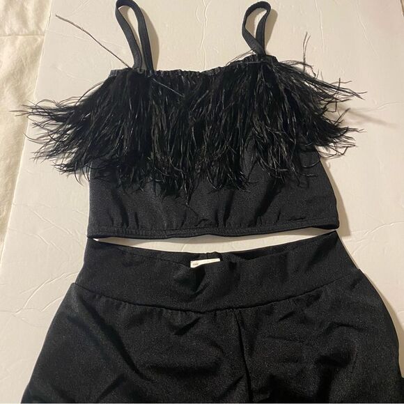 Kelle dance black feather costume 2 piece wide leg pants top 2900 3806 MA adult - Picture 2 of 10